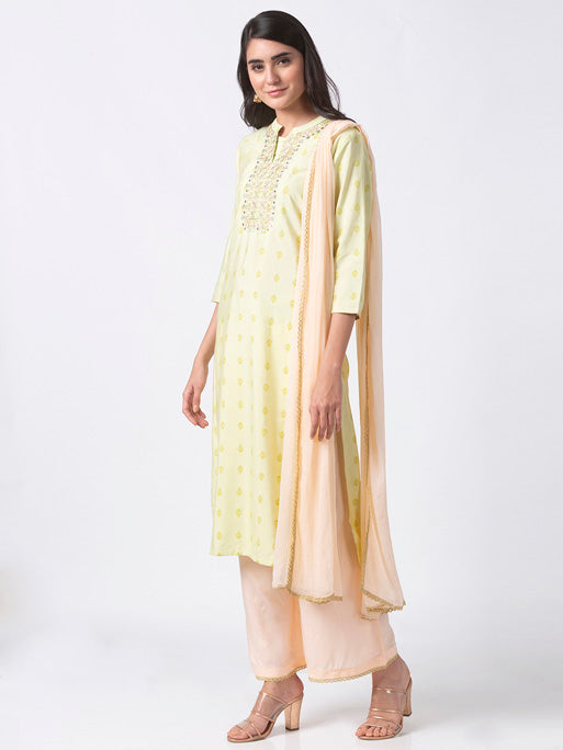 Ethnicity Women's Mint Green Printed 3-Piece Kurta Peach dupatta and Palazzo