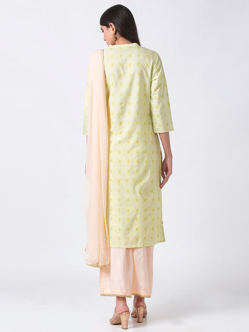 Ethnicity Women's Mint Green Printed 3-Piece Kurta Peach dupatta and Palazzo