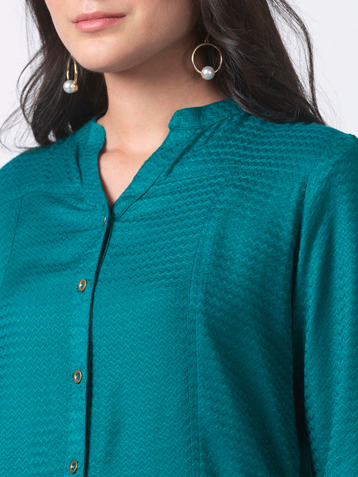 Ethnicity Teal High-Low Kurta Tunic with Functional Button Placket