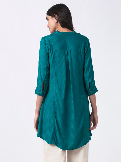 Ethnicity Teal High-Low Kurta Tunic with Functional Button Placket