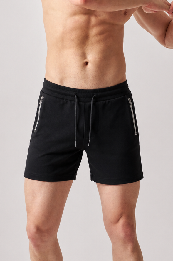 Macho Genie Men’s Jogging Shorts with Zip Pockets (Black)