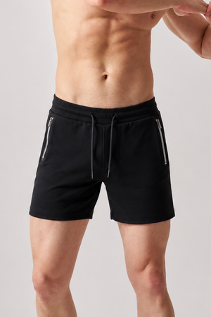 Macho Genie Men’s Jogging Shorts with Zip Pockets (Black)