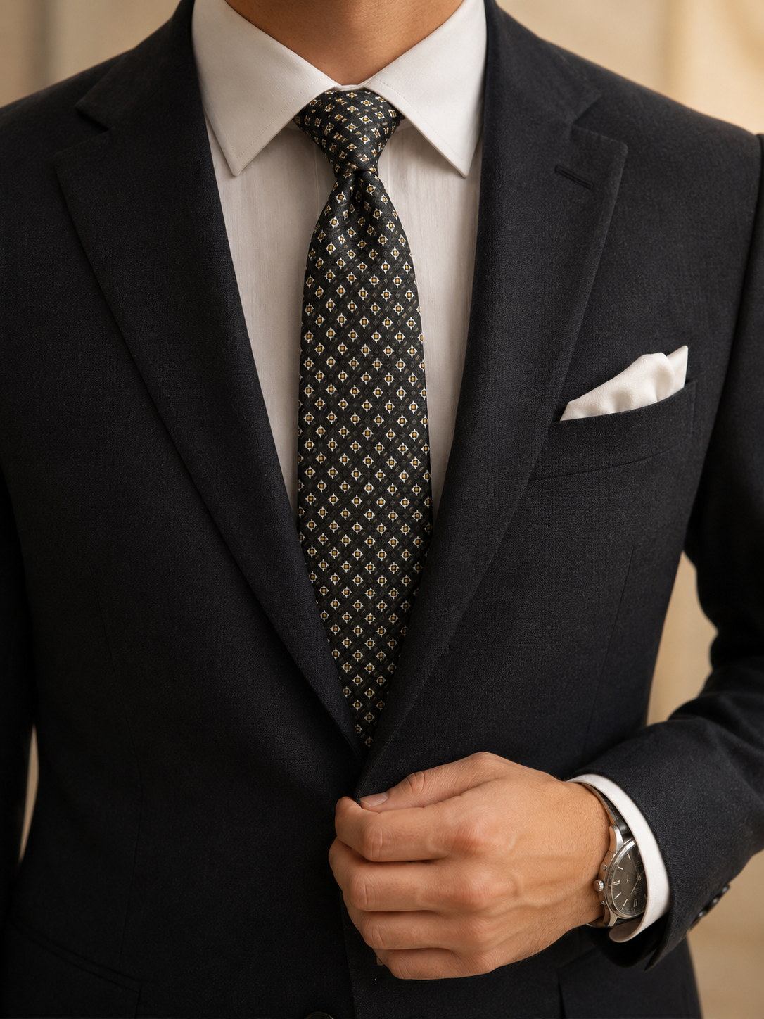 Man wearing a black suit with a patterned tie and white pocket square.