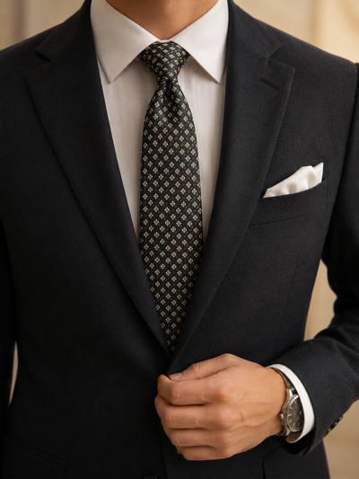 Man wearing a black suit with a patterned tie and white pocket square.