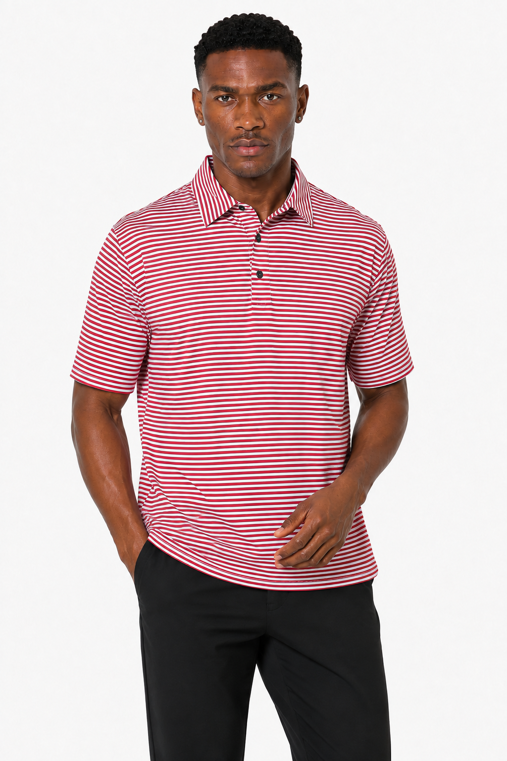 AVA Athletica Men's Polo Collar Moisture-Wick Active Wear Fine Striped T-Shirt Red