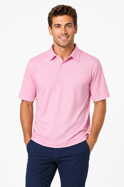 AVA Athletica Men's Polo Collar Moisture-Wick Active Wear Fine Striped T-Shirt Pink