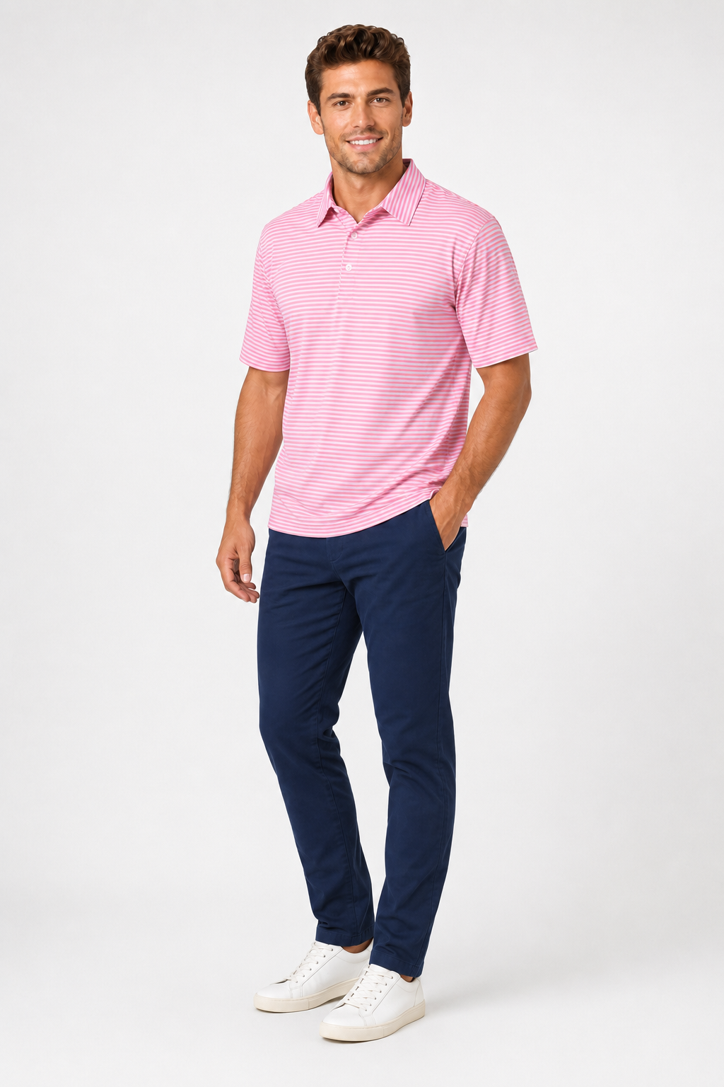 AVA Athletica Men's Polo Collar Moisture-Wick Active Wear Fine Striped T-Shirt Pink