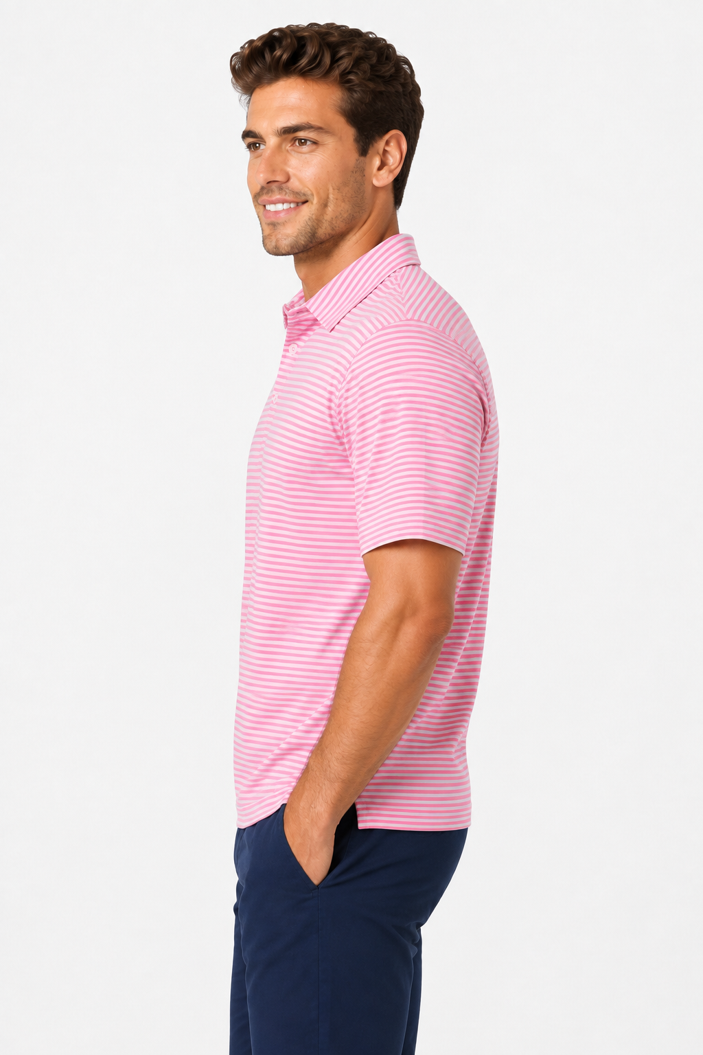 AVA Athletica Men's Polo Collar Moisture-Wick Active Wear Fine Striped T-Shirt Pink