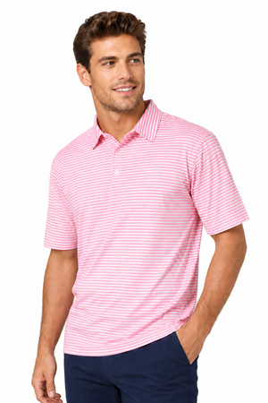 AVA Athletica Men's Polo Collar Moisture-Wick Active Wear Fine Striped T-Shirt Pink