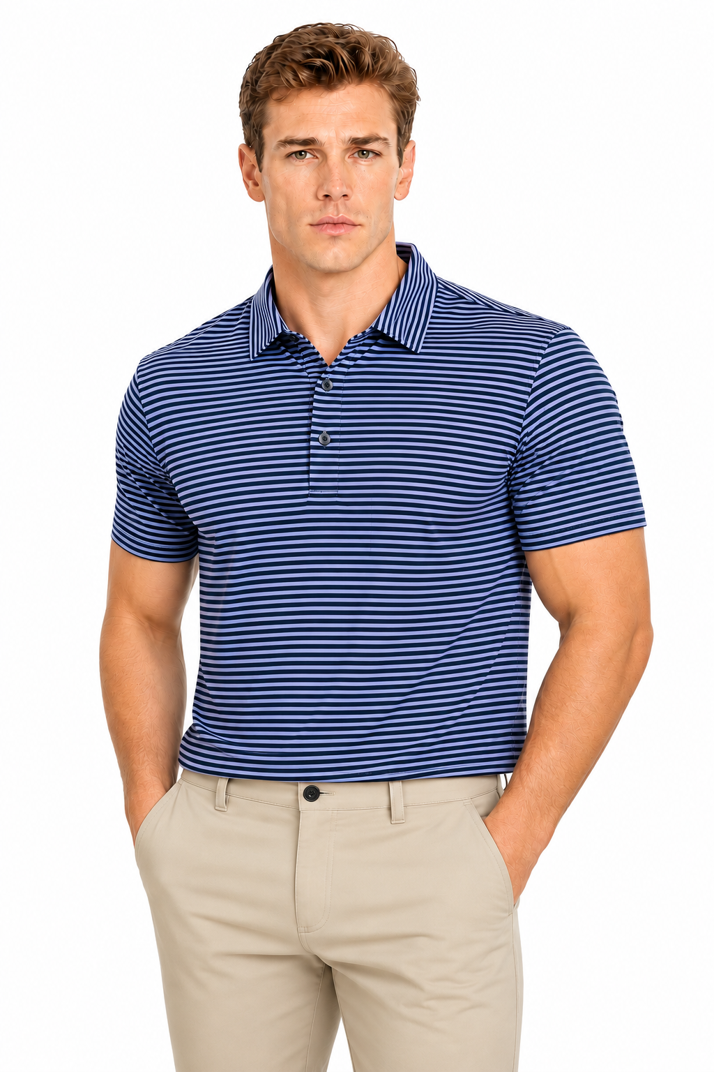 AVA Athletica Men's Polo Collar Moisture-Wick Active Wear Fine Striped T-Shirt Dark Blue
