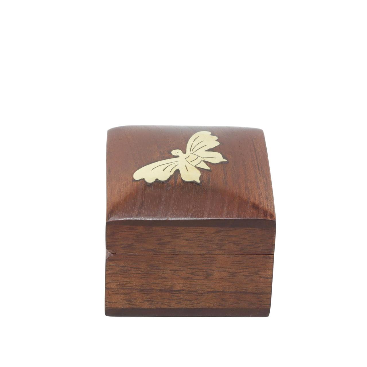 Handmade Pure Wooden Jewelry Box for Wedding and Engagement Rings with Brass Carved Butterfly Design