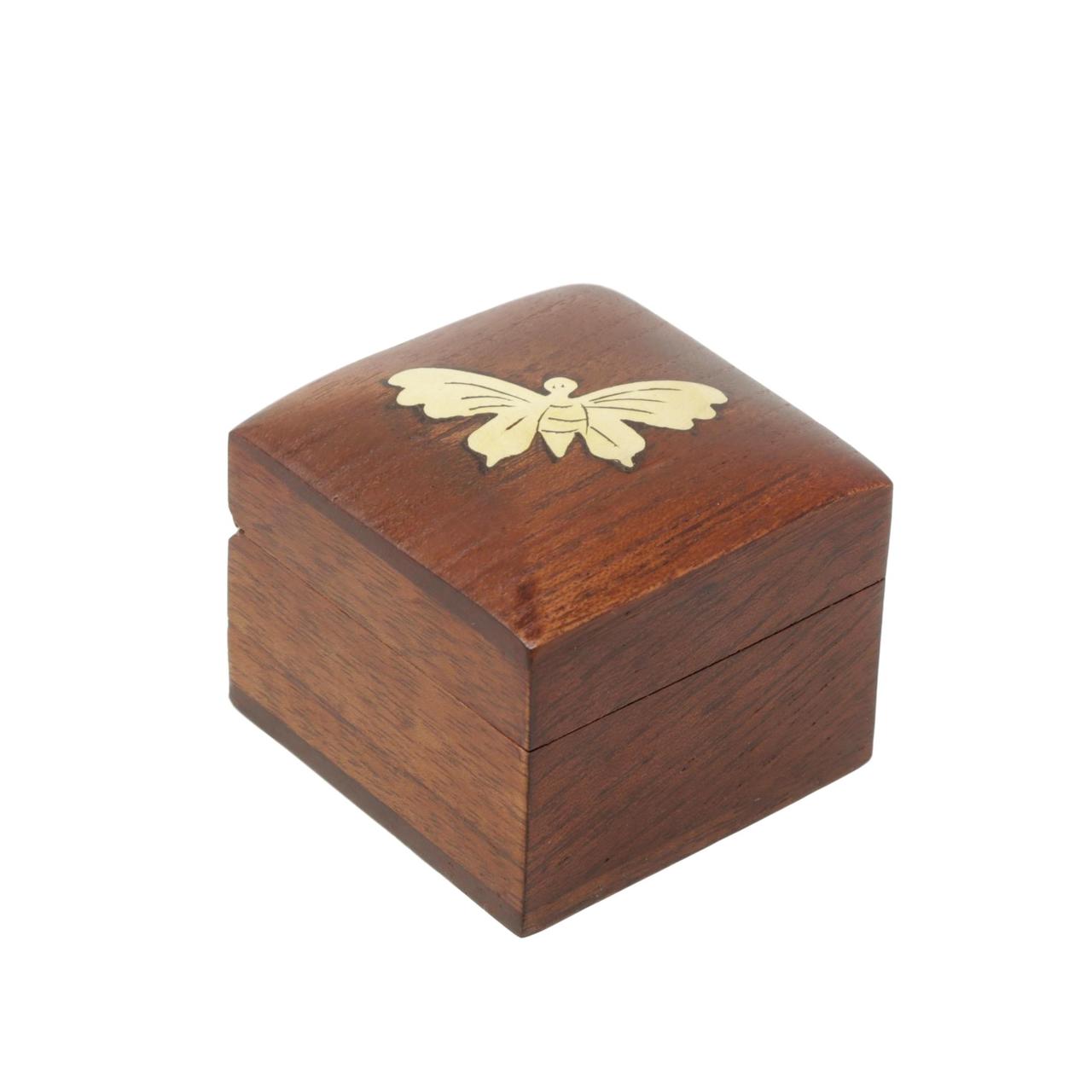 Handmade Pure Wooden Jewelry Box for Wedding and Engagement Rings with Brass Carved Butterfly Design