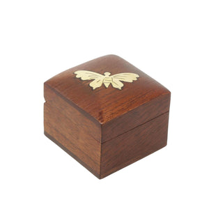 Handmade Pure Wooden Jewelry Box for Wedding and Engagement Rings with Brass Carved Butterfly Design