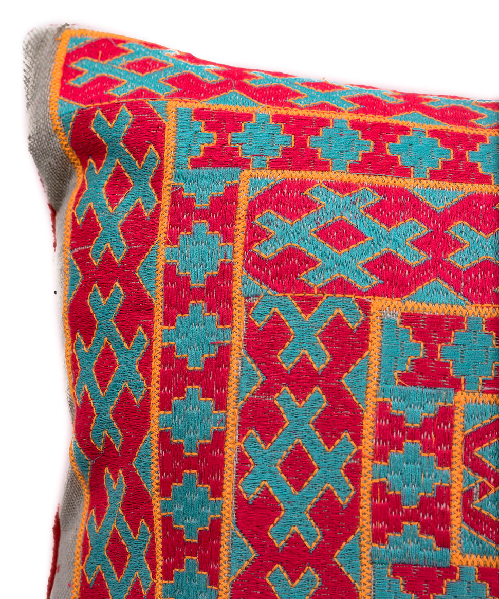 In-Sattva Red Blue Frame Embroidered Cushion Cover and Pillow 14 X 30