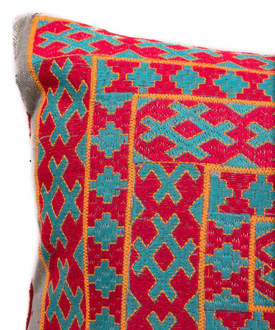 In-Sattva Red Blue Frame Embroidered Cushion Cover and Pillow 14 X 30
