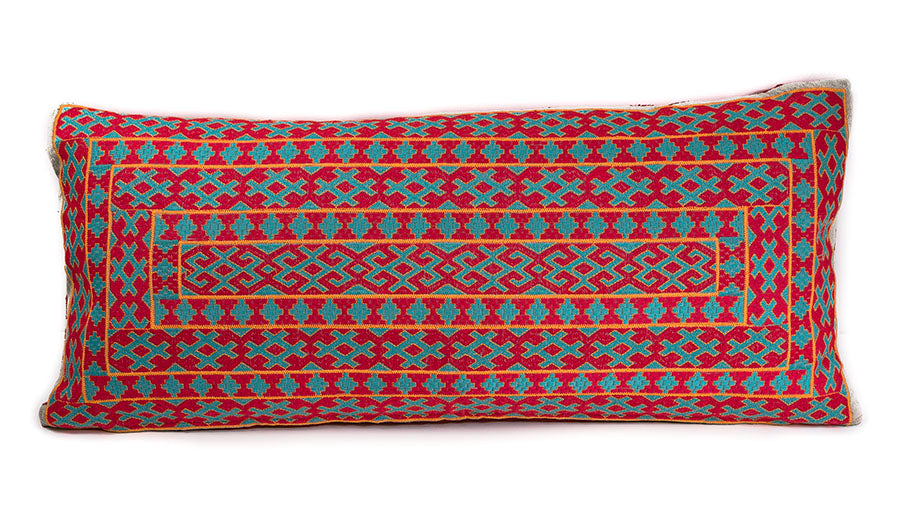 In-Sattva Red Blue Frame Embroidered Cushion Cover and Pillow 14 X 30