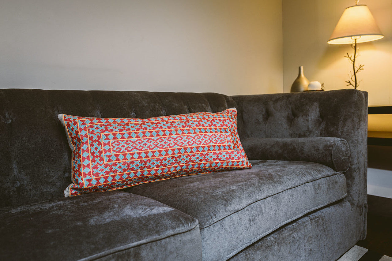 In-Sattva Red Blue Frame Embroidered Cushion Cover and Pillow 14 X 30