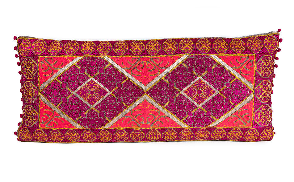 In-Sattva Red Purple Border Embroidered Cushion Cover and Pillow 14 X 30
