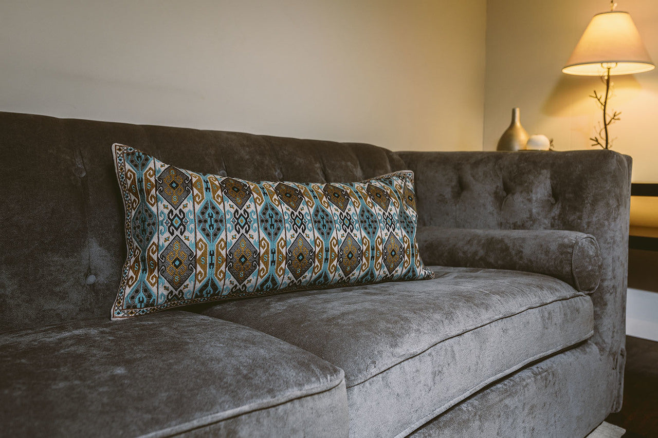 In-Sattva Home Geometric and Ancient Art Hand-Embellished Cotton Cushion Cover Decorative Pillow, BBr, 14 x 30