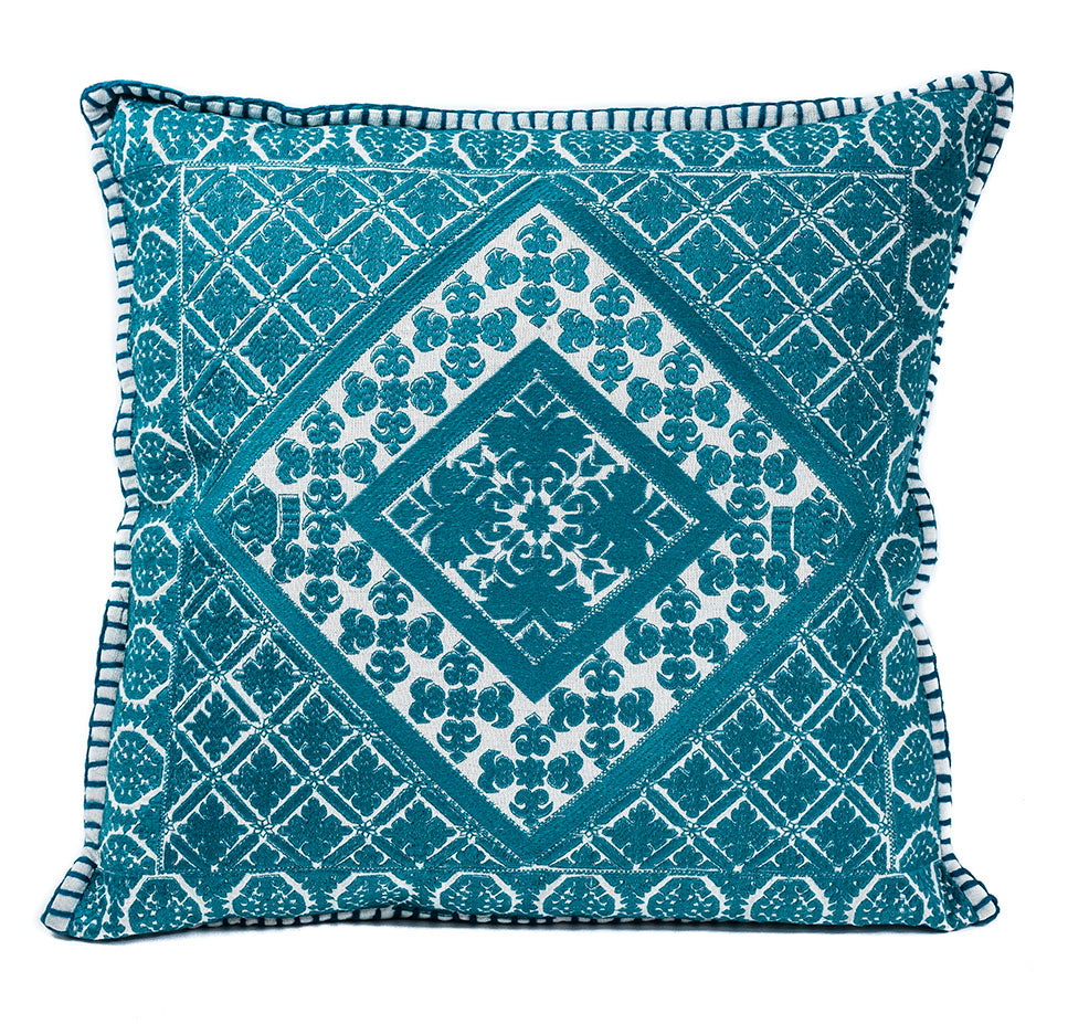 In-Sattva Teal Symmetrical Embroidered Cushion Cover and Pillow 20 X 20
