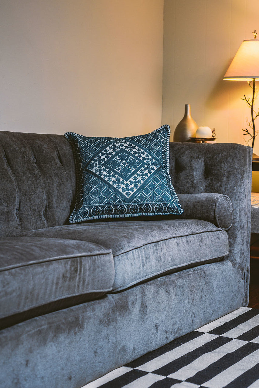 In-Sattva Teal Symmetrical Embroidered Cushion Cover and Pillow 20 X 20