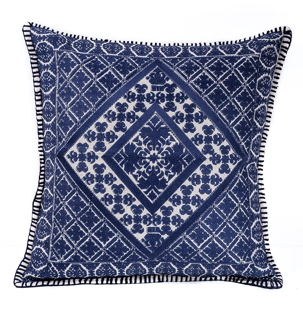 In-Sattva Navy Symmetrical Embroidered Cushion Cover and Pillow 20 X 20