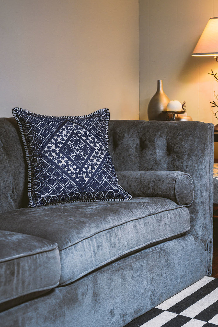 In-Sattva Navy Symmetrical Embroidered Cushion Cover and Pillow 20 X 20