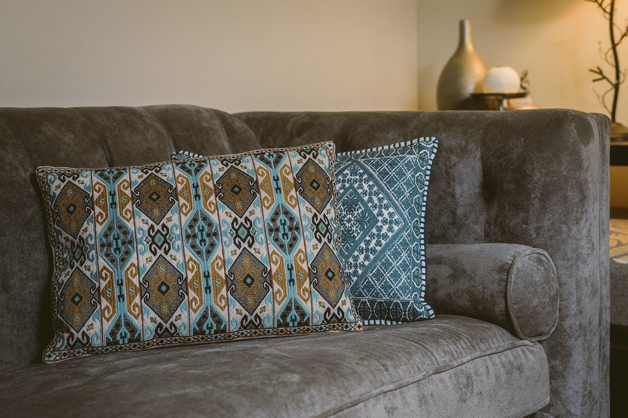 In-Sattva Home Geometric and Ancient Art Hand-Embellished Cotton Cushion Cover Decorative Pillow, BGd, 14 x 20