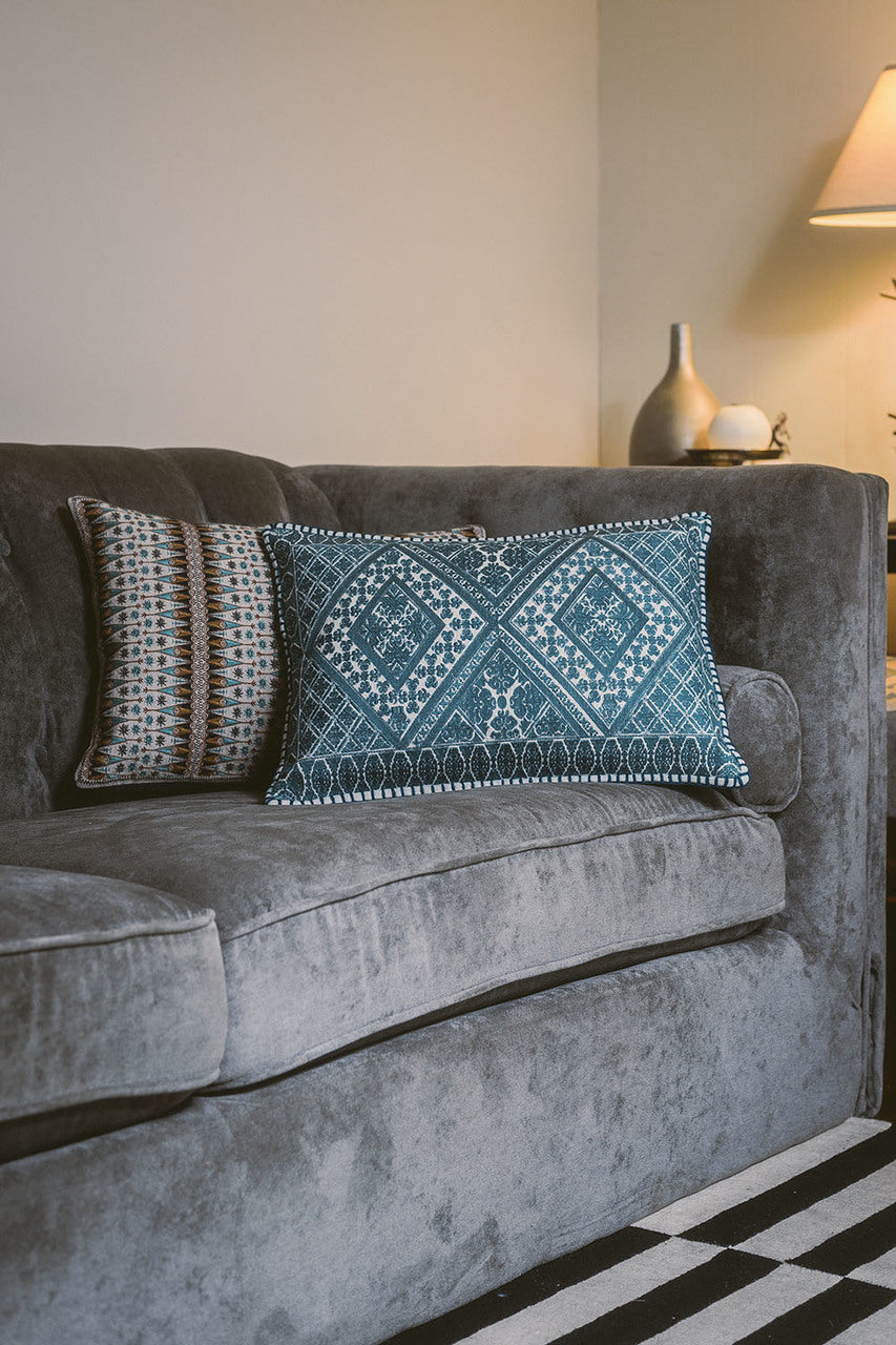 In-Sattva Teal Symmetrical Embroidered Cushion Cover and Pillow 14 X 20