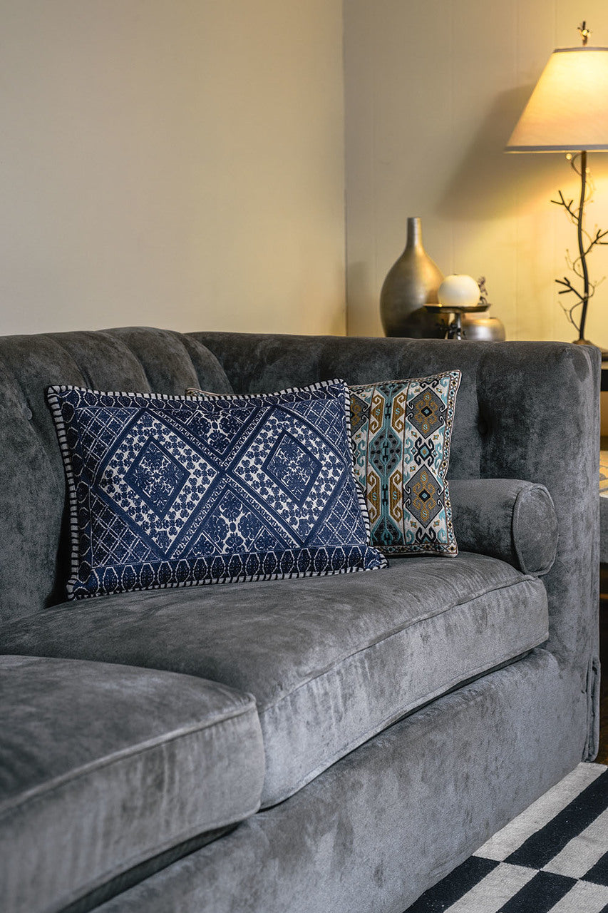 In-Sattva Navy Symmetrical Embroidered Cushion Cover and Pillow 14 X 20