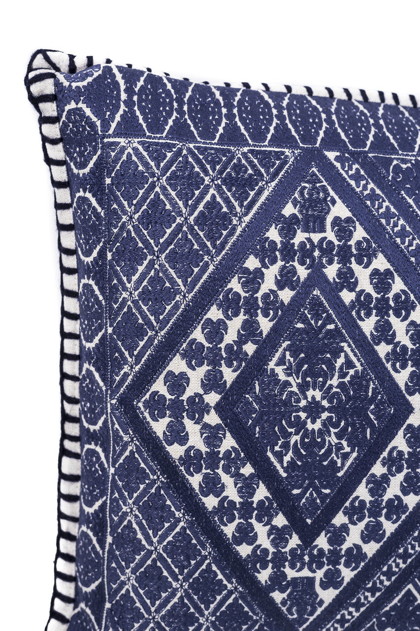 In-Sattva Navy Symmetrical Embroidered Cushion Cover and Pillow 14 X 20