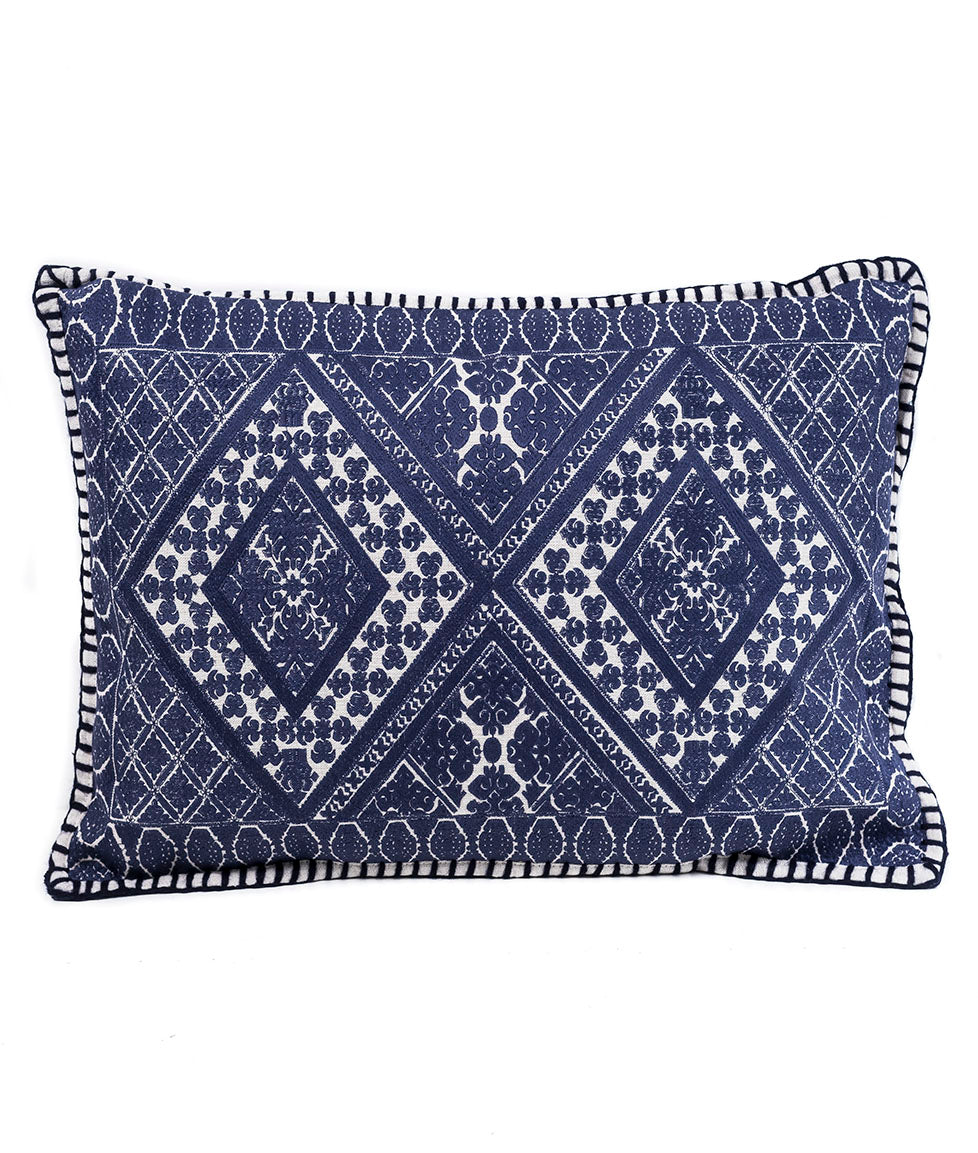 In-Sattva Navy Symmetrical Embroidered Cushion Cover and Pillow 14 X 20