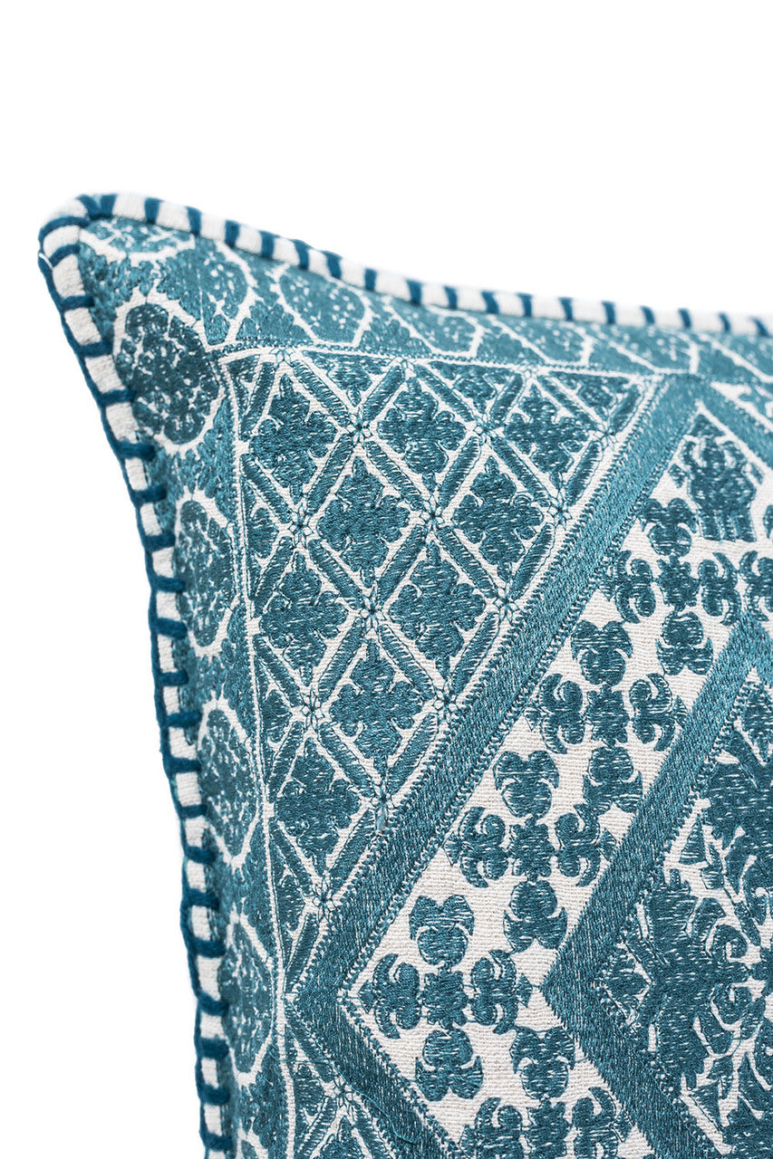 In-Sattva Teal Symmetrical Embroidered Cushion Cover and Pillow 14 X 20