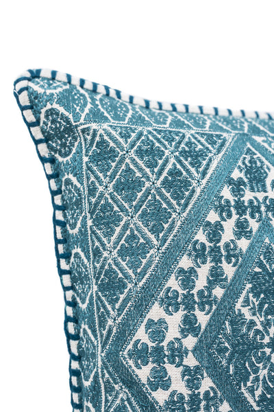 In-Sattva Teal Symmetrical Embroidered Cushion Cover and Pillow 14 X 20