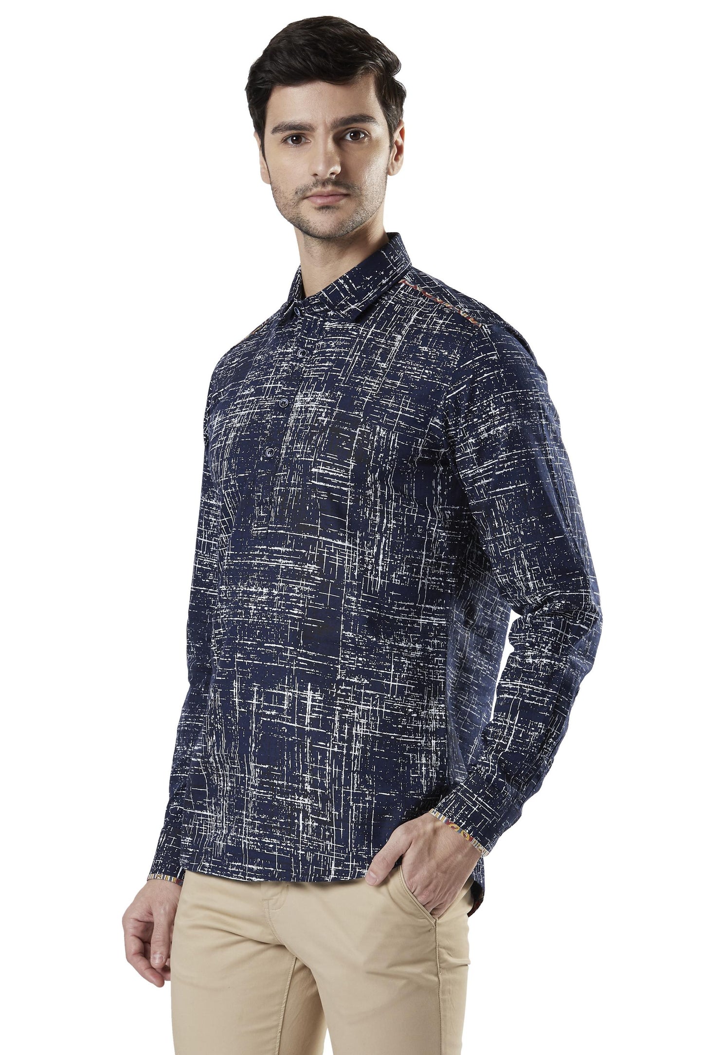 Ethnix Men's Pullover Cotton Indigo Kurta Tunic Shirt-Length with Regular Collar