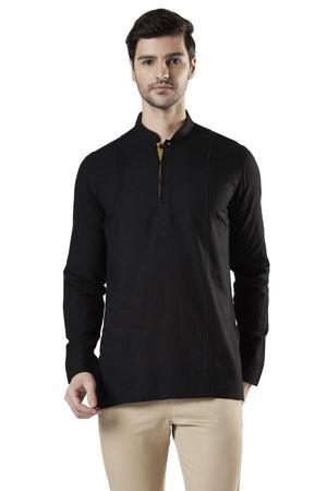 Ethnix Men's Mandarin Collar Cotton Pullover Shirt-Length Pintucked Kurta Tunic Black
