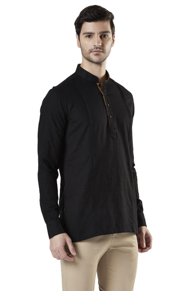 Ethnix Men's Mandarin Collar Cotton Pullover Shirt-Length Pintucked Kurta Tunic Black