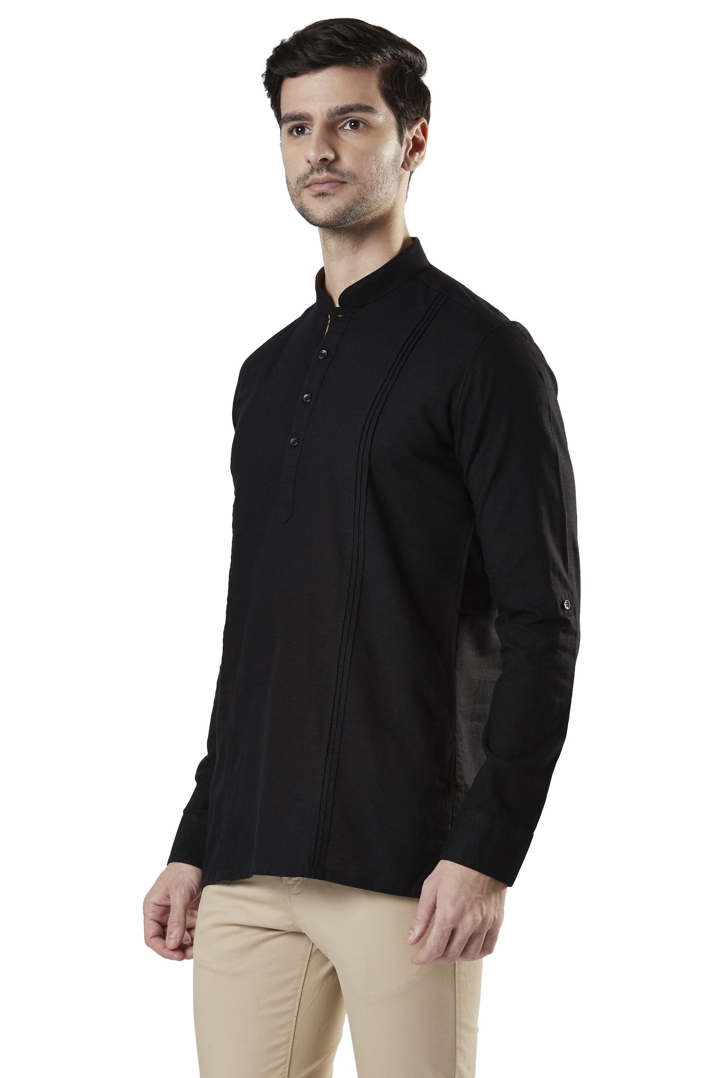Ethnix Men's Mandarin Collar Cotton Pullover Shirt-Length Pintucked Kurta Tunic Black
