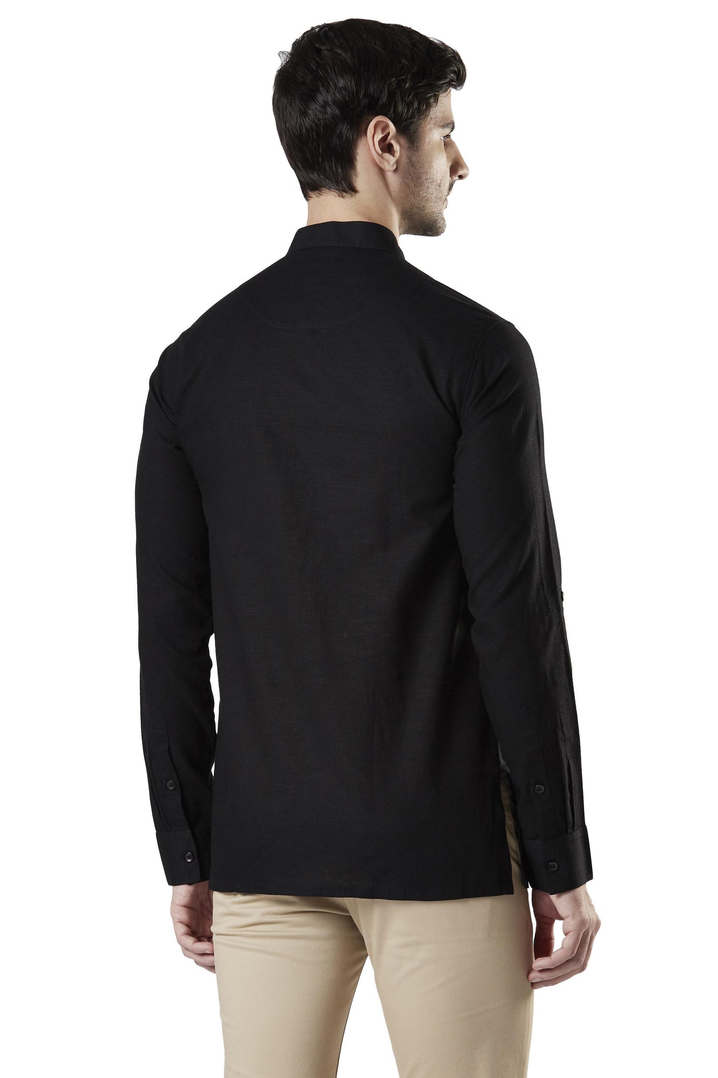 Ethnix Men's Mandarin Collar Cotton Pullover Shirt-Length Pintucked Kurta Tunic Black