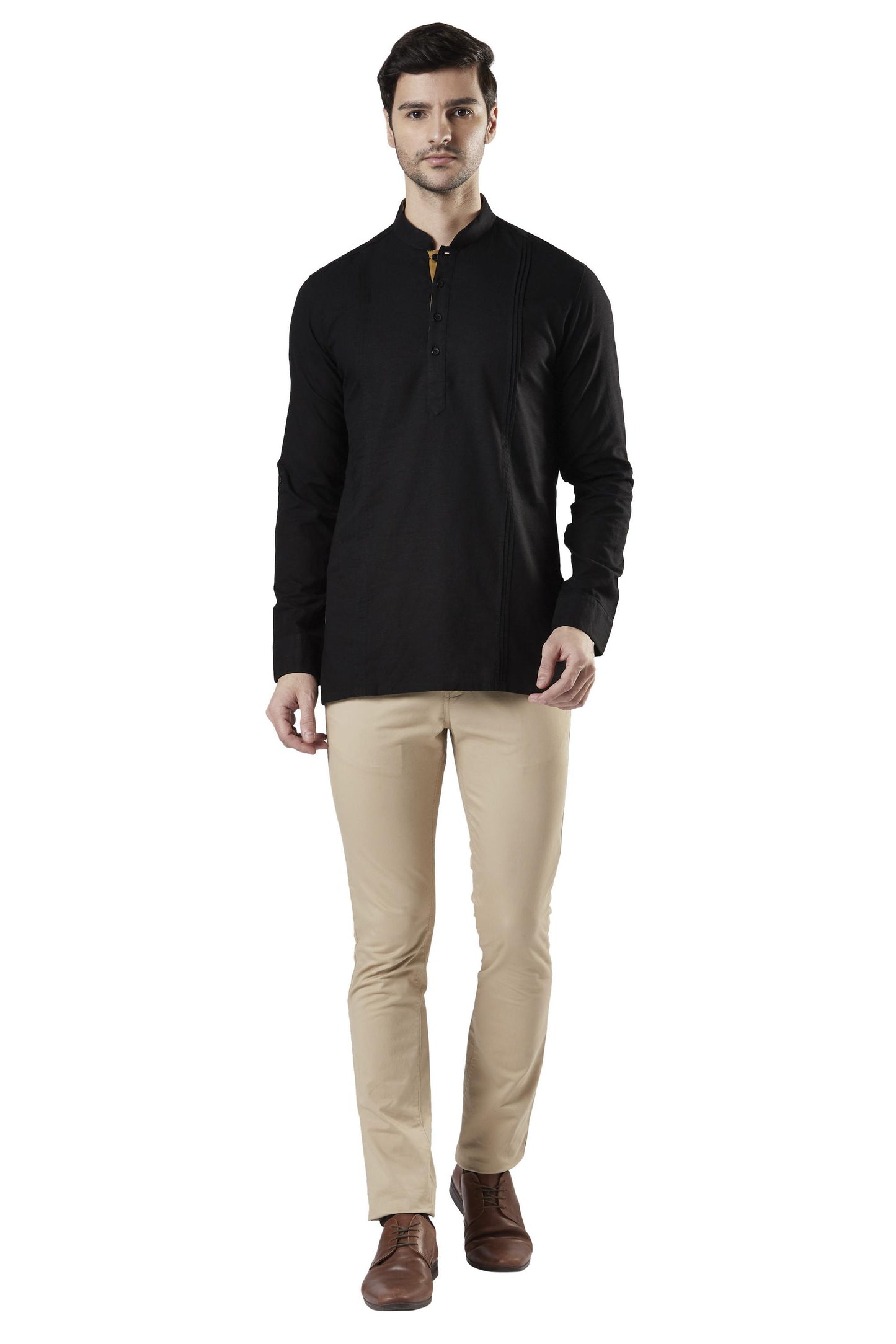 Ethnix Men's Mandarin Collar Cotton Pullover Shirt-Length Pintucked Kurta Tunic Black