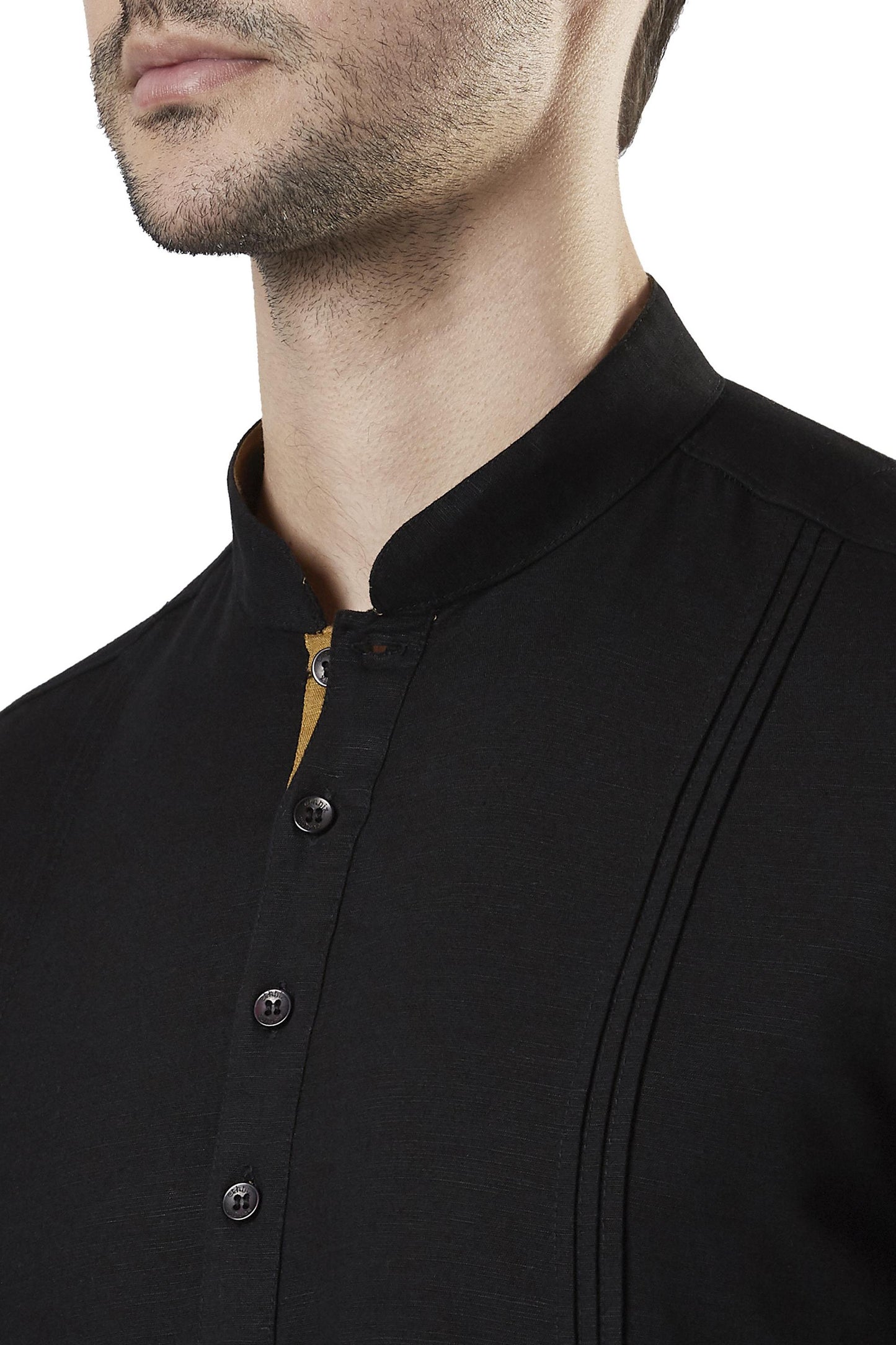 Ethnix Men's Mandarin Collar Cotton Pullover Shirt-Length Pintucked Kurta Tunic Black