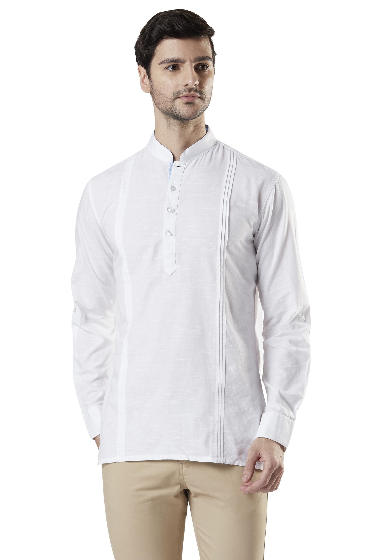 Ethnix Men's Mandarin Collar Cotton Pullover Shirt-Length Pintucked Kurta Tunic White