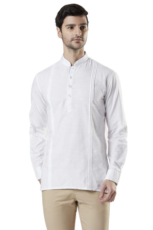 Ethnix Men's Mandarin Collar Cotton Pullover Shirt-Length Pintucked Kurta Tunic White