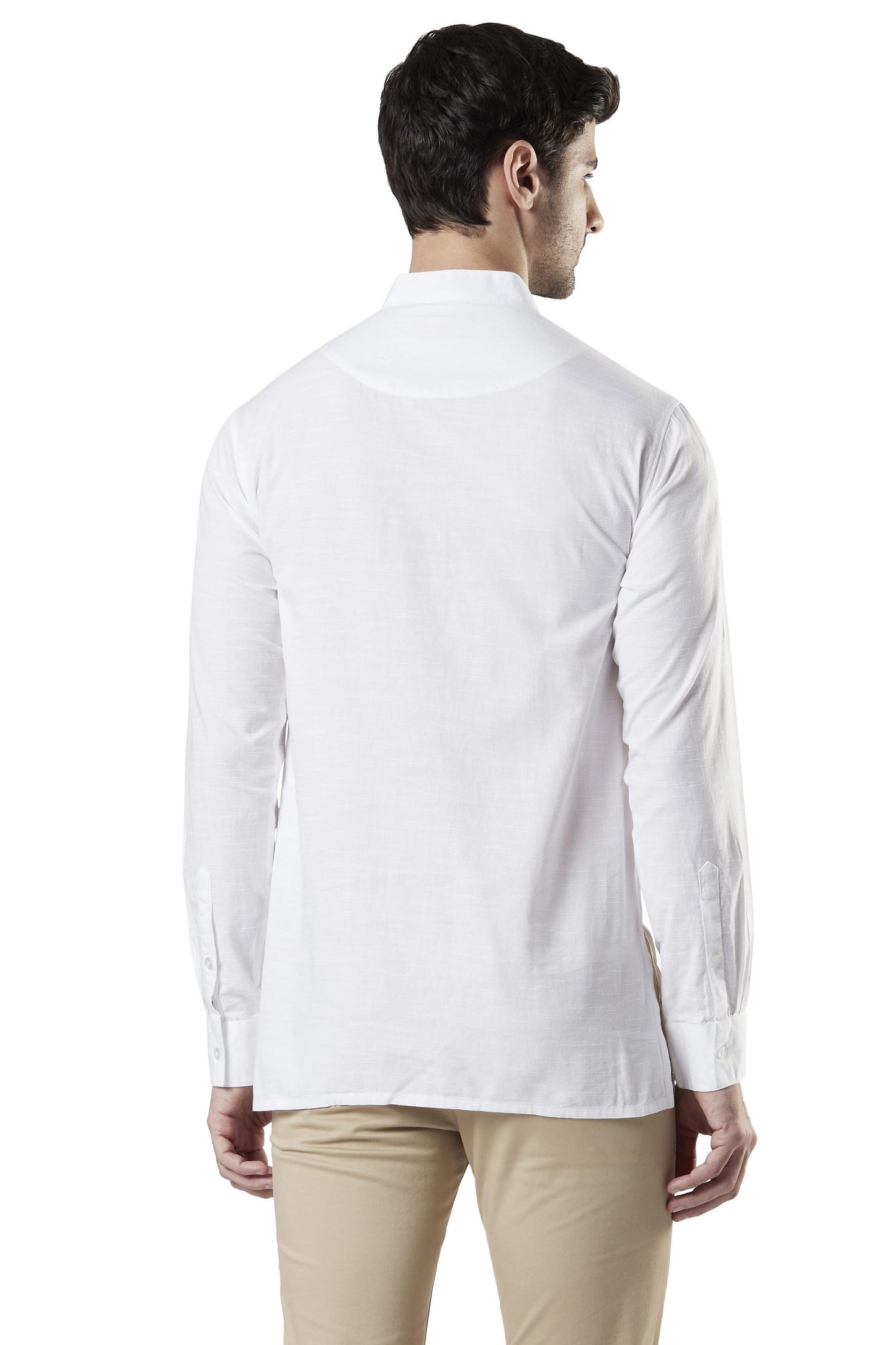 Ethnix Men's Mandarin Collar Cotton Pullover Shirt-Length Pintucked Kurta Tunic White