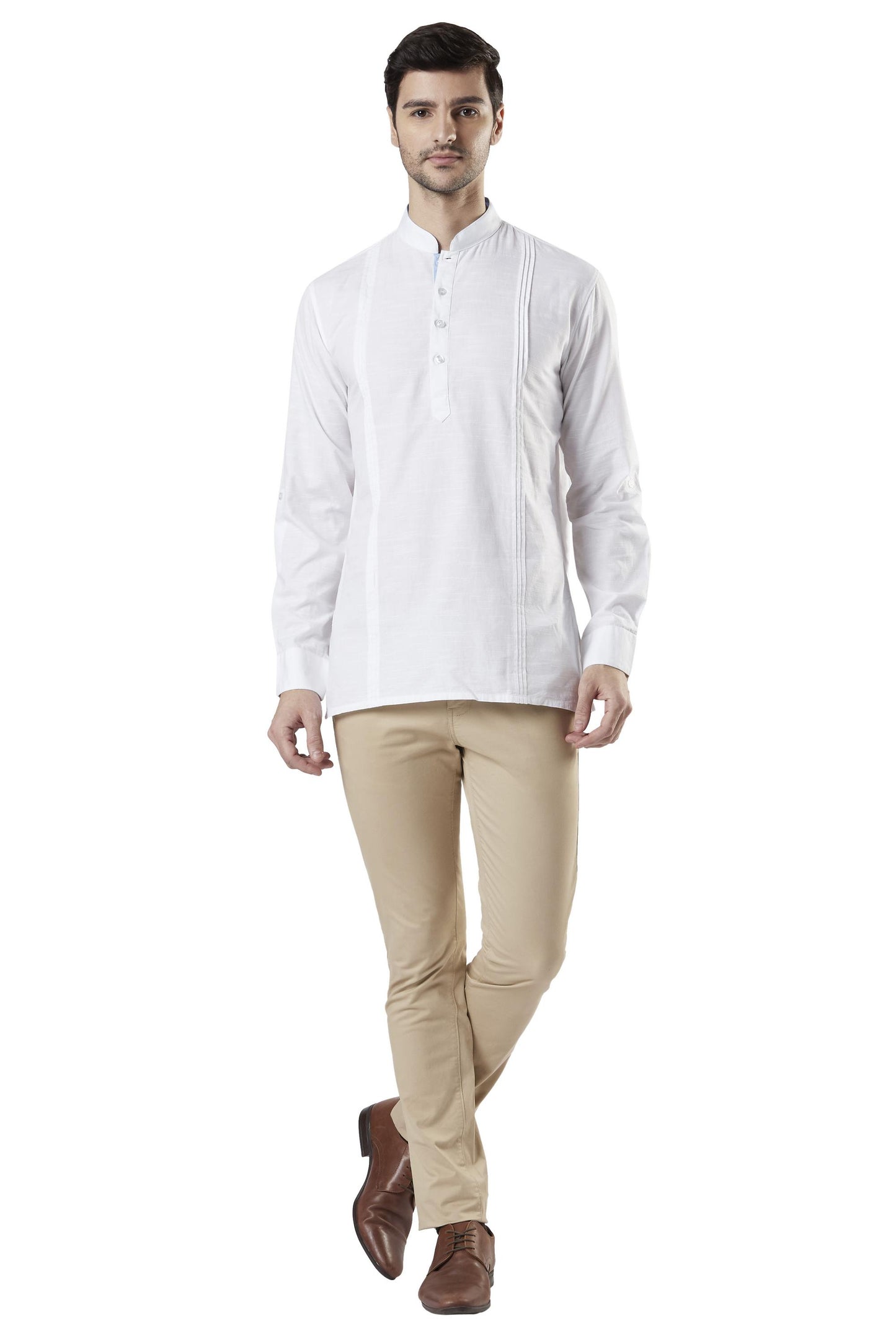 Ethnix Men's Mandarin Collar Cotton Pullover Shirt-Length Pintucked Kurta Tunic White