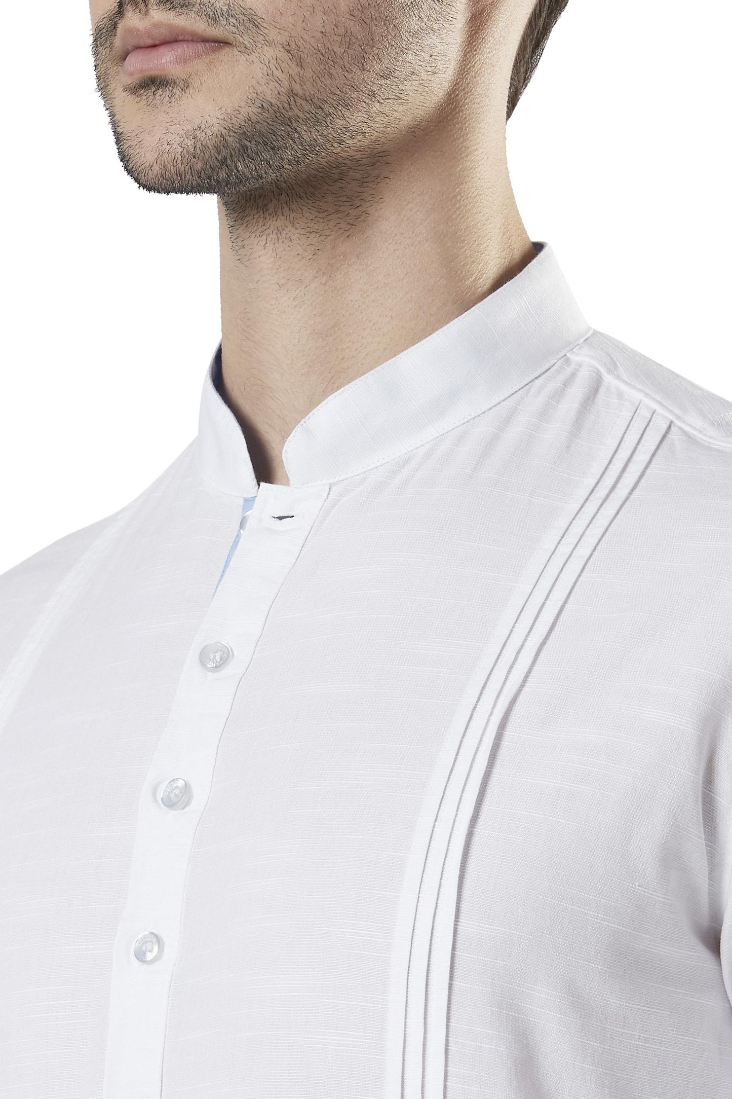 Ethnix Men's Mandarin Collar Cotton Pullover Shirt-Length Pintucked Kurta Tunic White