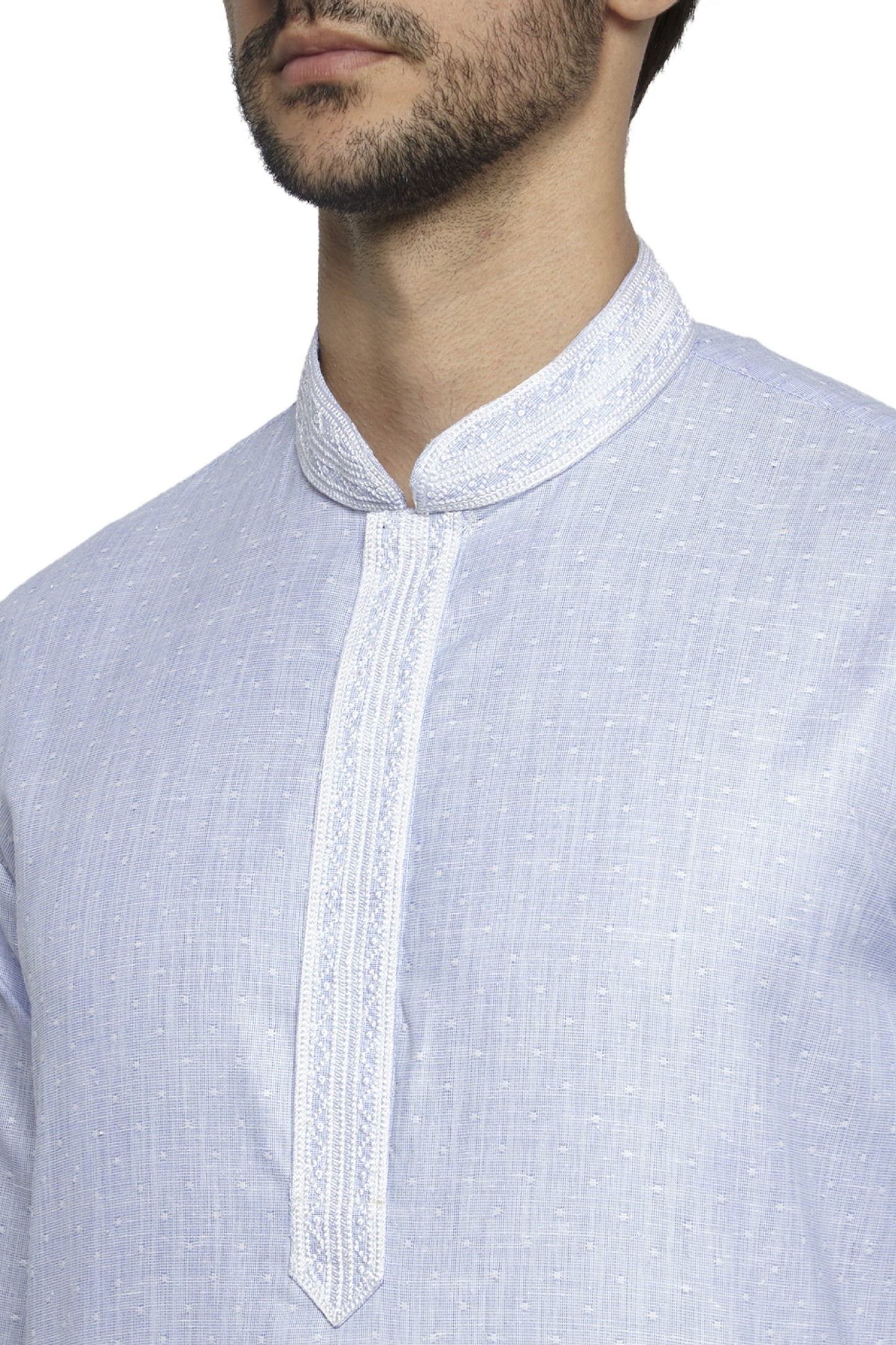 Ethnix Men's Banded Collar Solid Blue Textured with Embroidered Placket Long Kurta Tunic