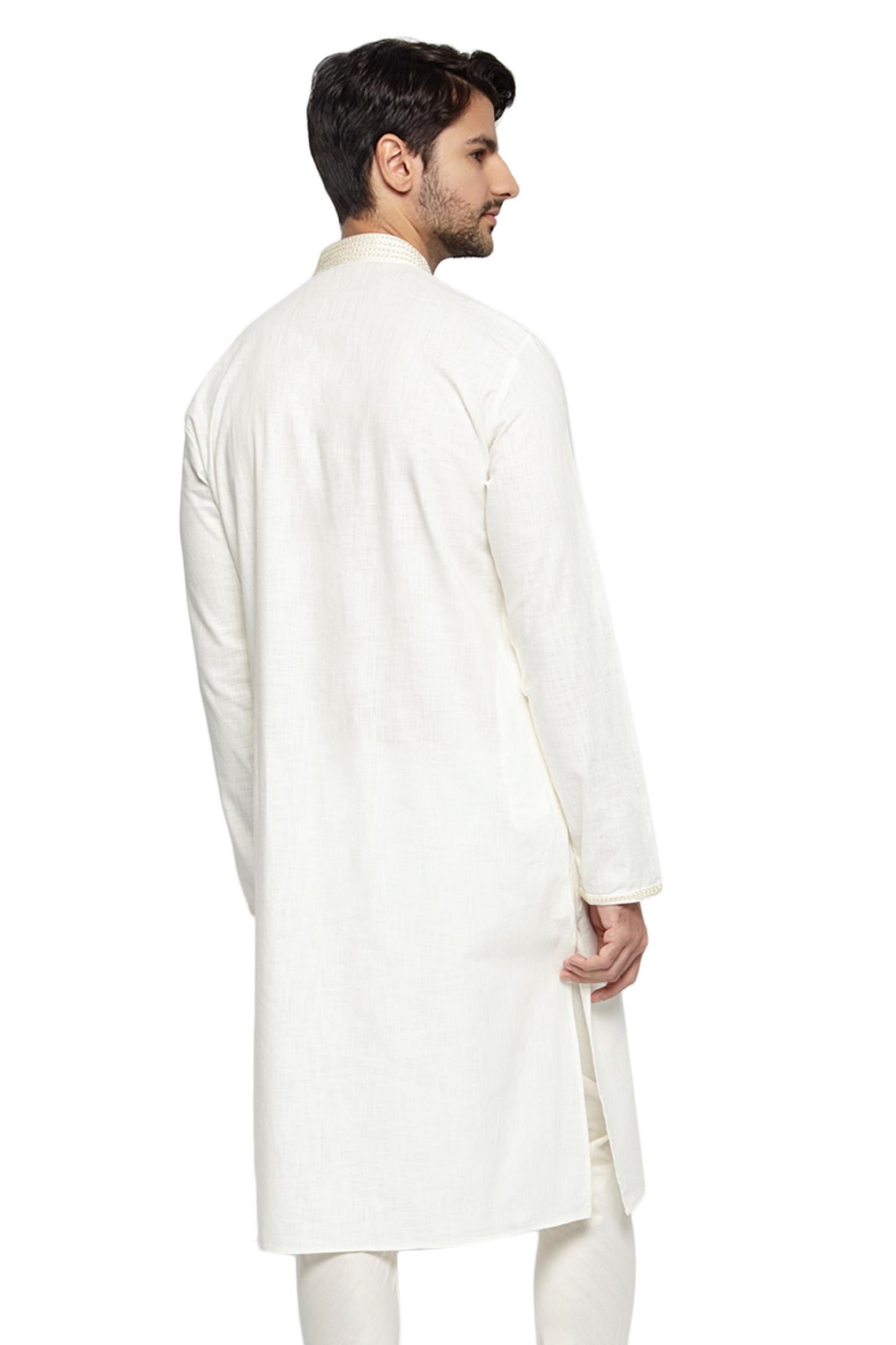 Ethnix Men's Mandarin Collar Pure Cotton White Hand Embroidered Placket Long Kurta Tunic