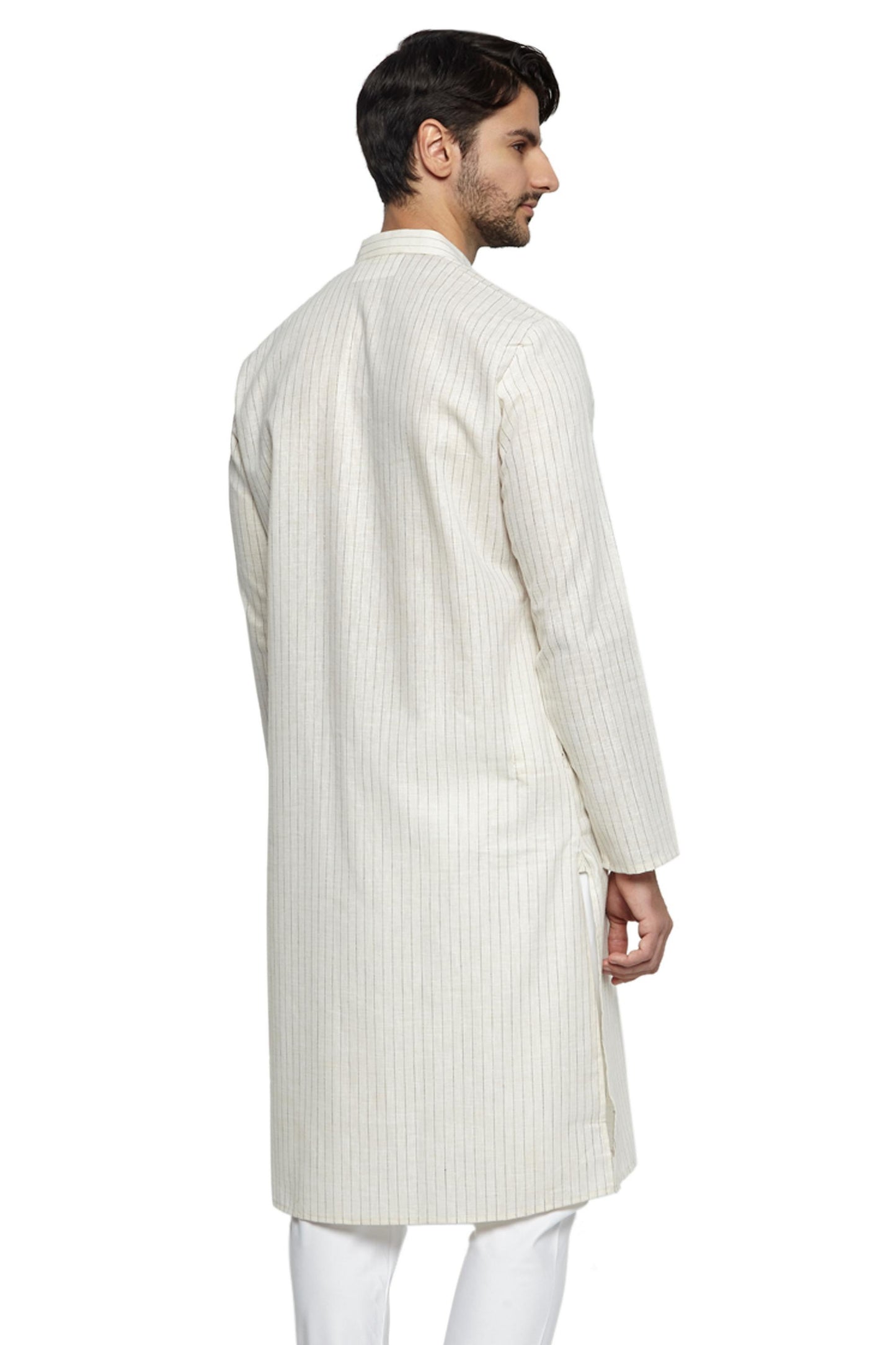 Ethnix Men's Indian Classic Collar Fine Cream Pin Stripe Staple Long Kurta Tunic