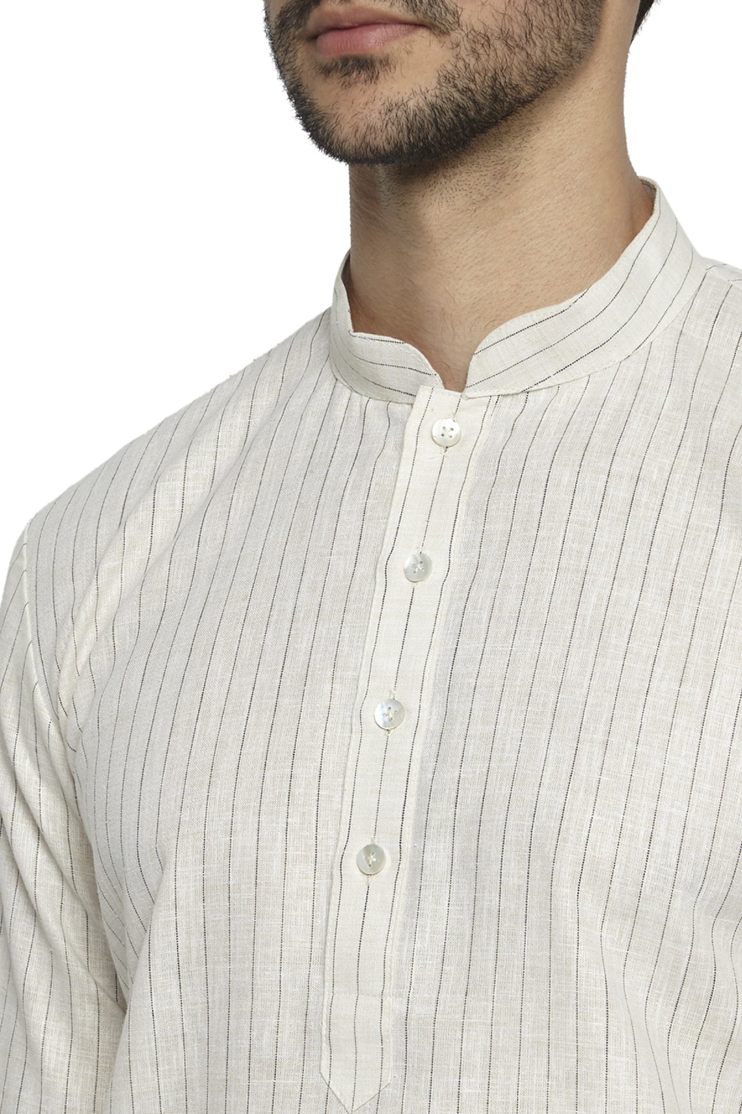 Ethnix Men's Indian Classic Collar Fine Cream Pin Stripe Staple Long Kurta Tunic